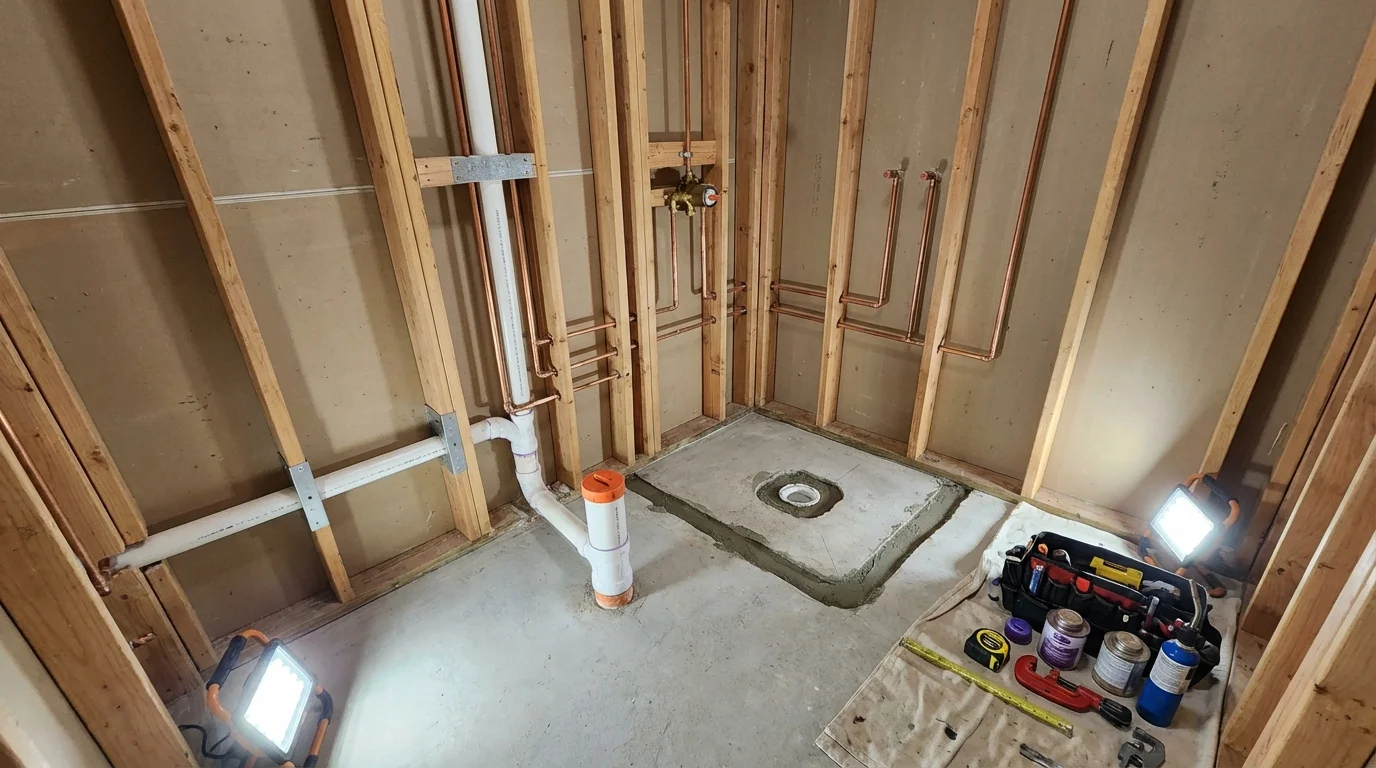 Bathroom rough-in plumbing during remodel by Johns Plumbing LLC in Lake Butler