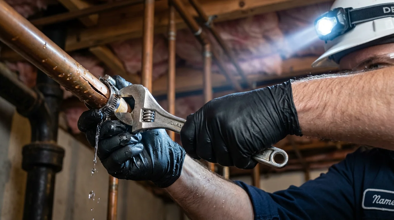Emergency pipe clamp repair being performed by a Johns Plumbing LLC plumber in Lake Butler