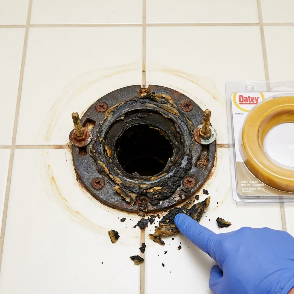 Failed wax ring showing water seepage at the base of a toilet in a Lake Butler, FL home