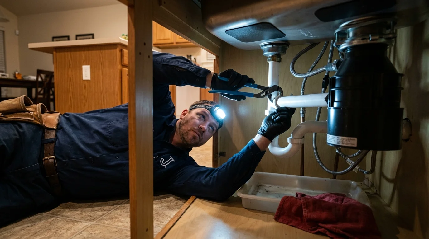 P-trap and supply line connections under a kitchen sink showing a common leak point in Lake Butler, FL